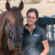 Woman caring for horse.