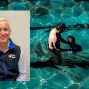 Man inset on image of father and child in a swimming pool.