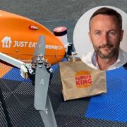 Man in shirt inset on image of a food delivery drone.