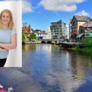 Woman inset on image of Sligo town.