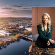 Woman in green suit inset on aerial image of Galway city.