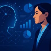 A business leader stands before glowing AI visualizations, surrounded by data patterns, charts, and digital insights that highlight the power of intelligent decision‑making.