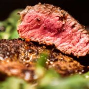 Close-up image of a medium cooked beef steak.