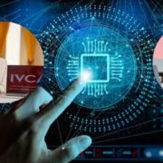 Two women inset on finger touching electronic chip.