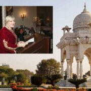 Woman speaking at event inset on image of Islamabad, Pakistan.