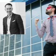 Man inset on image of a worker dressed as a super hero.