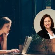 Professional business woman inset on image of young worker looking at a laptop.