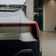 Rear view of an electric vehicle.