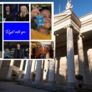 A large neoclassical bank building with tall stone columns under a clear blue sky, overlaid with a collage of scenes from a brand campaign, including people interacting, everyday moments, and a central frame displaying the words &lsquo;Right with you.&rsquo;