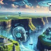 Illustrated Irish coastal landscape with cliffs, cities and historic buildings, overlaid with digital graphics, drones and a human head made of data lines, symbolising artificial intelligence shaping Ireland&rsquo;s economy and infrastructure.