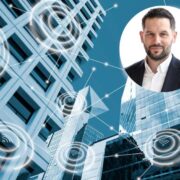 Man inset on image of building connected by digital technology.