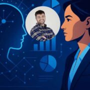 Illustrated scene showing a stylised human profile facing a glowing AI-style head outline with network nodes and data charts in the background. A circular inset displays a photo of a person with crossed arms, positioned between the two profiles to suggest human and artificial intelligence interaction in a business context.