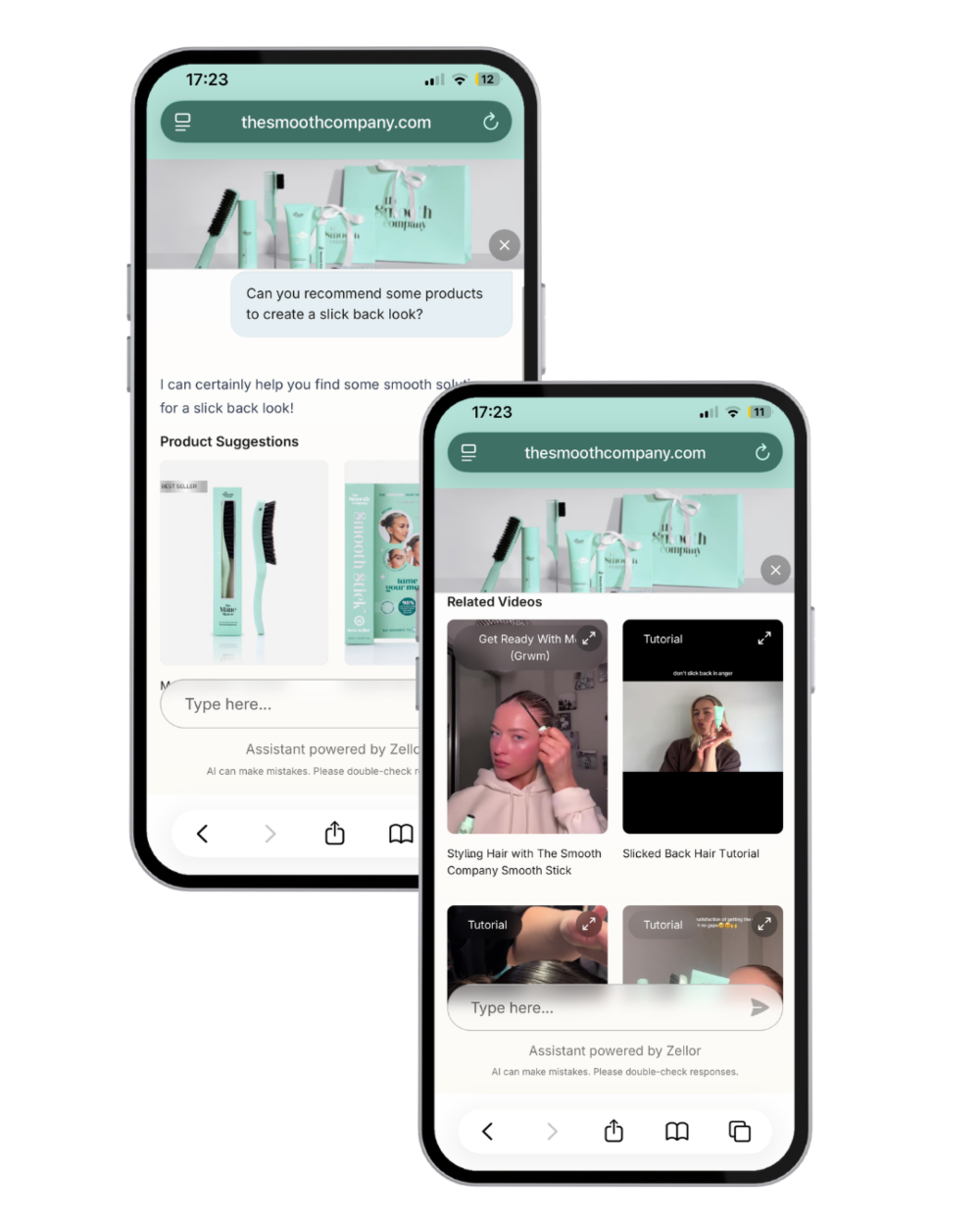Two smartphones displaying an AI shopping assistant on a beauty eCommerce website, showing product recommendations and related styling videos.