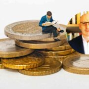 Stacked euro coins with a miniature figure reading a newspaper on top, alongside a circular inset portrait of a person, symbolising wealth and investment in Ireland.