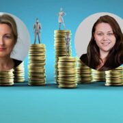 Composite graphic showing two professional headshots on either side of stacked gold coins of varying heights, with small human figures standing on top, illustrating pay gaps and salary transparency.