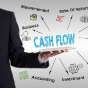 Business professional holding a tablet displaying the words &ldquo;Cash Flow,&rdquo; surrounded by hand-drawn icons and labels for measurement, rate of return, assets, analysis, money, investment, accounting and business concepts.