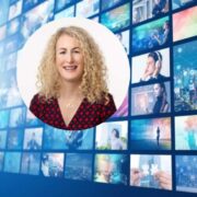 Composite image showing a professional using a laptop beside a wall of digital screens displaying technology, AI and business visuals, with a circular headshot overlay in the centre representing a tech leader.