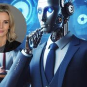 Illustration of a humanoid robot in a business suit in a modern office setting, with data dashboards in the background and a headshot portrait overlay representing a business leader in AI consulting.