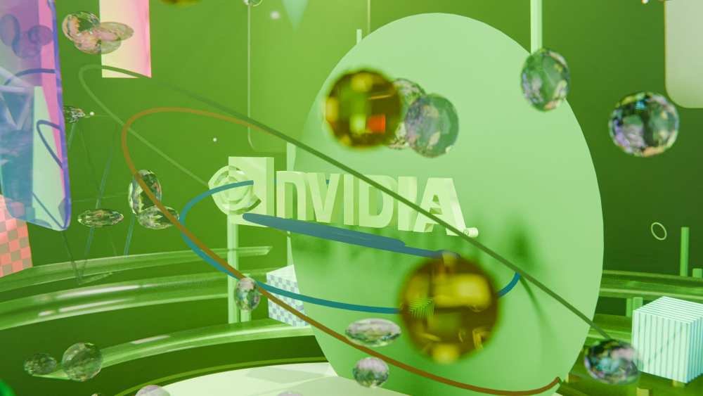 Abstract green-themed illustration featuring the NVIDIA logo in the centre, surrounded by floating glass-like spheres and curved lines, representing advanced AI computing and GPU technology.