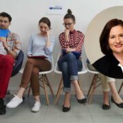 Recruitment candidates waiting for job interviews alongside a business leadership portrait, illustrating longer hiring times and talent shortages in Ireland's labour market.