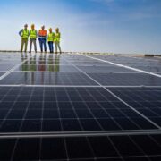 Workers inspect rooftop solar panels at Mannok’s Co Cavan manufacturing site as work begins on Ireland’s largest rooftop solar installation, delivered by Activ8 Solar Energies and SSE Airtricity.