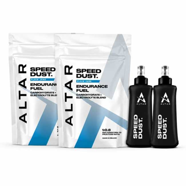 Altar Nutrition Speed Dust endurance fuel and hydration bottles, an Irish sports nutrition product designed to support marathon runners, endurance athletes and long-distance performance.
