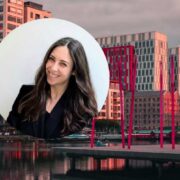 Portrait of Karen Stolberg featured on Dublin Docklands skyline as Google promotes AI upskilling for Irish businesses.