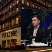 Exterior view of The Address Collective hotel in Glasgow alongside a podcast interview with hospitality executives discussing succession planning, hotel growth and expansion across Ireland and Scotland.