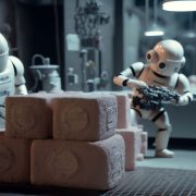 Artificial intelligence robots performing manufacturing tasks in an automated factory environment, highlighting AI adoption, business innovation and productivity gains for SMEs.
