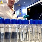 Rows of laboratory sample bottles being processed through Envetec’s GENERATIONS recycling technology at Scottish Water, supporting sustainable management of laboratory plastic waste.