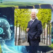 Illustration of artificial intelligence in Ireland featuring a digital AI profile alongside a business executive, highlighting Expleo research on AI adoption, trust and business sentiment among Irish leaders.