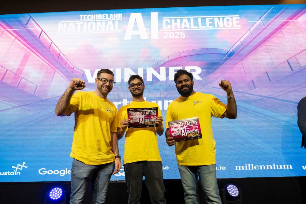 Winning team celebrates on stage at the TechIreland National AI Challenge, highlighting AI innovation, startup talent and technology development in Ireland.