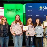 FutureHack Galway winners and participants at PorterShed during the Innovation Ireland student hackathon, showcasing young innovators presenting solutions for Galway city development, STEM education and entrepreneurship.