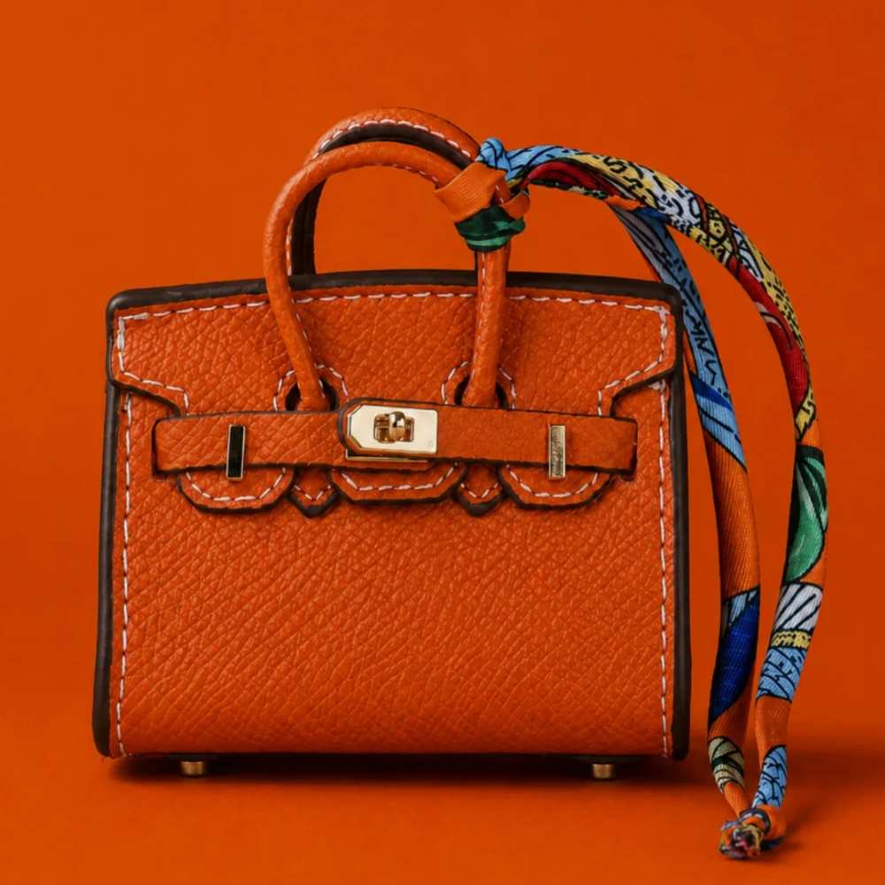 Orange mini handbag charm with patterned scarf accessory, showcasing Gravel & Stones' personalised fashion accessories and bag charm collection.