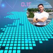 Business executive featured on a financial market graphic with stock charts and data visualisation representing fintech growth and investment trends.