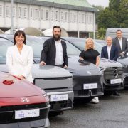Lineup of electric cars and event representatives at the launch of Nevo EV Show 2026 in Dublin, Europe&rsquo;s largest dedicated EV exhibition, sponsored by Bank of Ireland.