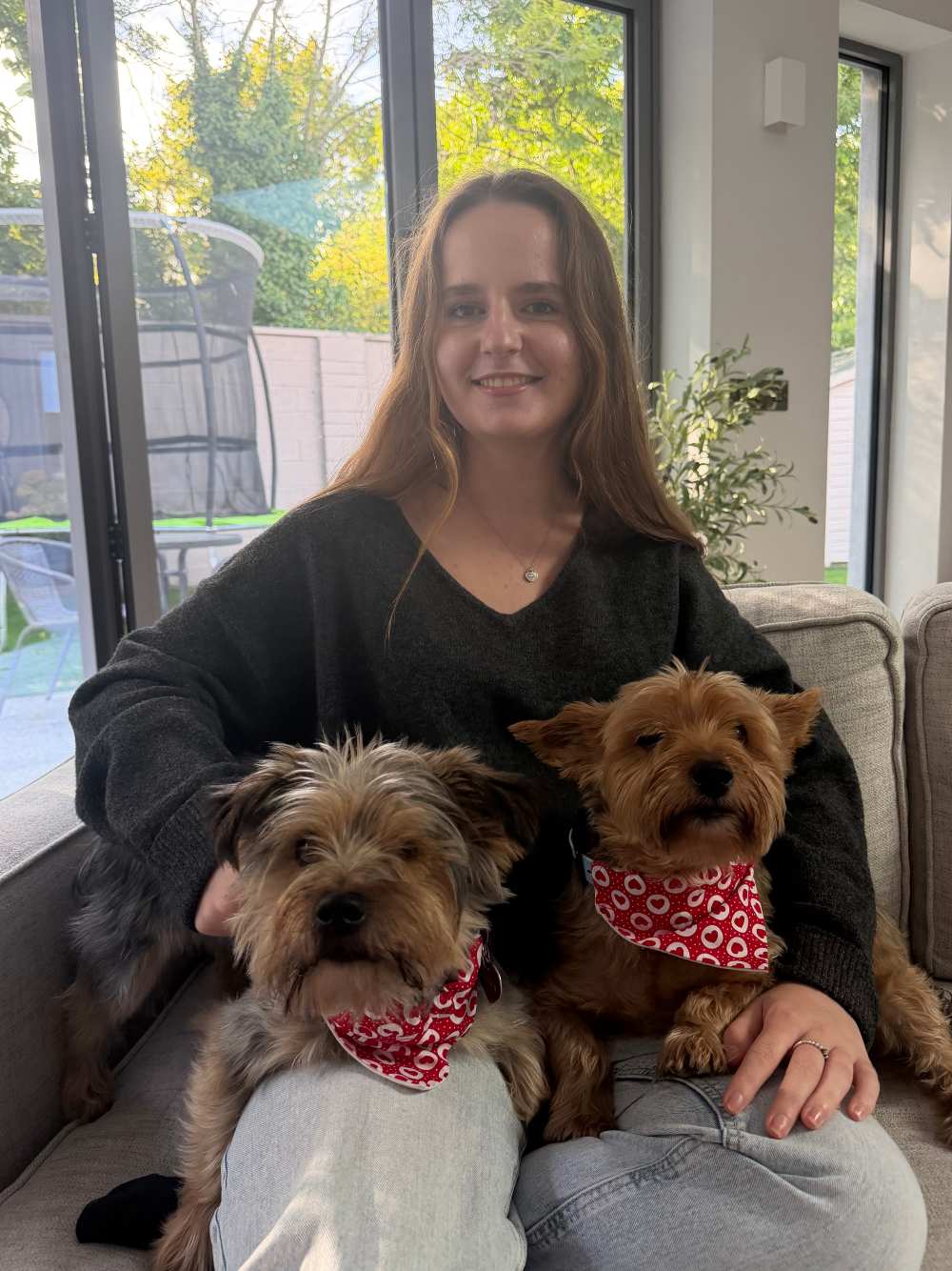 Ciara Reid with rescue Yorkshire terriers Dave and Marley wearing handmade Daves Woofly Bandanas accessories.