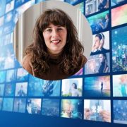 Portrait of Galway entrepreneur Kate Costello, founder of Narrator & Co, over a digital media and marketing backdrop representing brand storytelling, content creation and fractional marketing services.