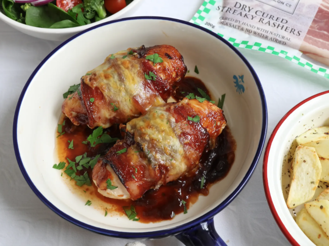 Sausages wrapped in bacon.
