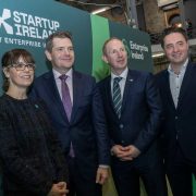 Four people at the launch of the Startup Ireland AI Accelerator, standing in front of Enterprise Ireland and Startup Ireland branding.