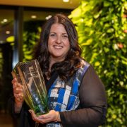 Leah Fletcher of Dunbar Pharma holding the Enterprise Ireland HPSU Founder of the Year 2026 award in Dublin.
