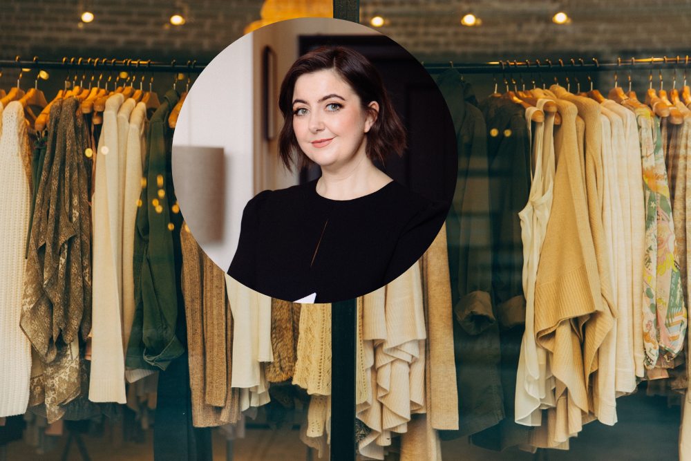 Woman inset on a rack of clothing.