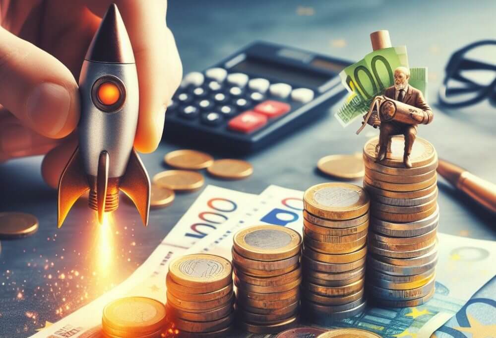 stacks of coins on paper money beside a rocket lifting off.