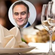 Man inset on image of a table set in a restaurant.