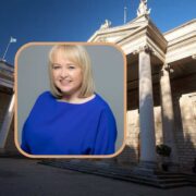 Woman dressed in blue inset on an image of Bank of Ireland's College Green building in Dublin.